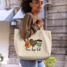 Load image into Gallery viewer, Peace Love Fall Coffee Large Organic Cotton Tote Bag