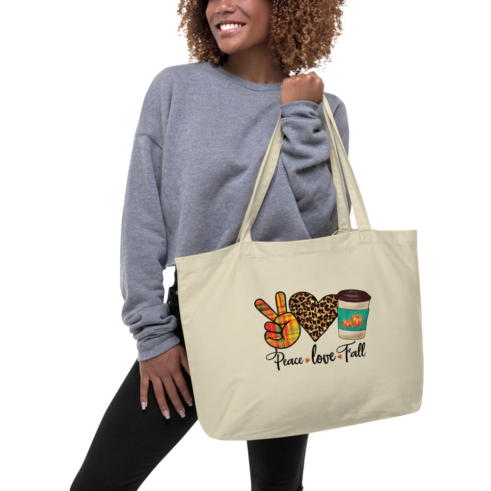 Peace Love Fall Coffee Large Organic Cotton Tote Bag